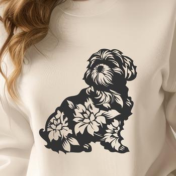 A full-body illustration of a sitting Shih Tzu breed dog in a floral setting.