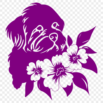 A close-up illustration of a Shih Tzu's head with delicate floral patterns in the background.