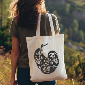A sloth in full body pose, surrounded by floral elements.