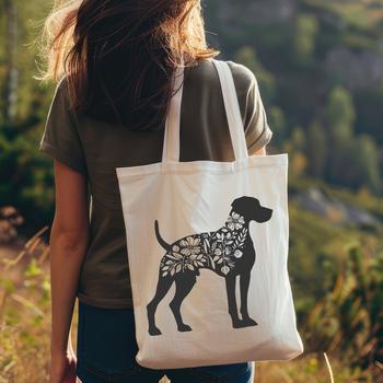 A full-body illustration of a Great Dane standing on four legs, with a subtle floral pattern in the background.