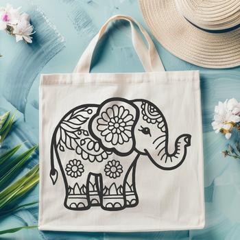 A stylized illustration of a standing elephant featuring ornate floral patterns.