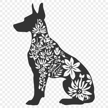 A sitting Doberman Pinscher with ornate details and floral patterns, suitable for vector art and digital design projects.