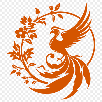 A mythical bird rising from the ashes in full-body form, illustrated with clean lines and intricate details.