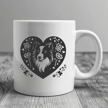 A stylized illustration of a Shetland sheepdog's head surrounded by floral patterns.