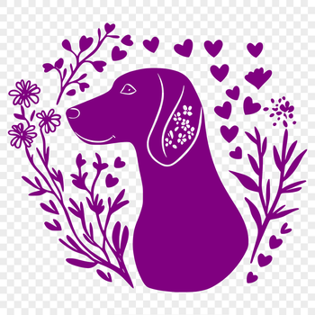 A Weimaraner dog breed in a colorful floral arrangement with love hearts.