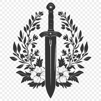 A stylized illustration of a medieval-style sword with intricate details.