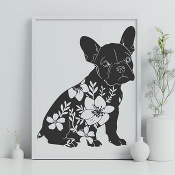 Full-body illustration of a sitting Boston Terrier with simple floral patterns in the background.