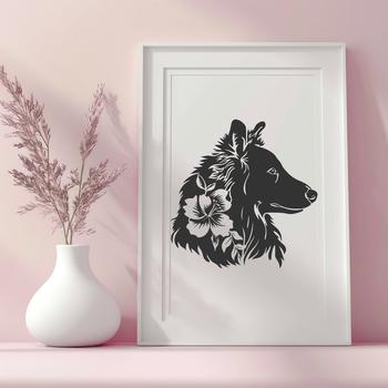 A portrait illustration of a Shetland Sheepdog's head with floral patterns in the background.