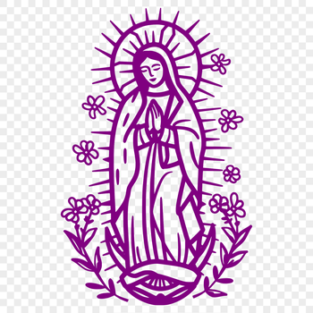 A full-body depiction of the Virgin Mary in ornate, floral attire, suitable for religious artwork.