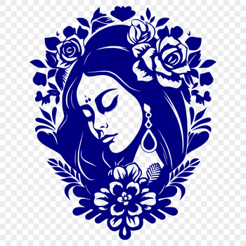 A digital illustration of the Virgin Mary with ornate floral details surrounding her head.
