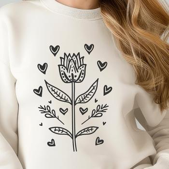A colorful illustration of a wild flower with intricate details and decorative hearts surrounding it.
