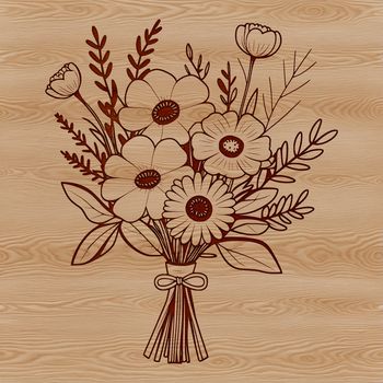 A hand-tied bouquet of mixed flowers with greenery and decorative ribbons.
