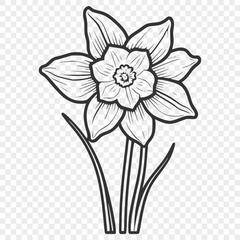 A close-up illustration of a single daffodil flower with long stem and trumpet-shaped petals.