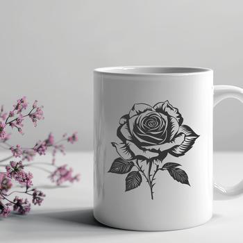 A stylized illustration of a rose with petals and stem.