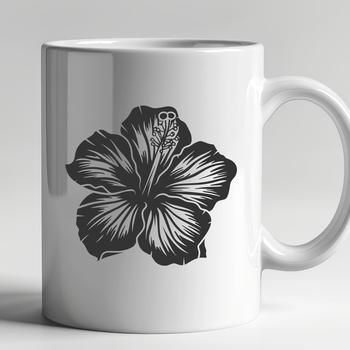 A large, colorful hibiscus flower with symmetrical petals and a prominent center.