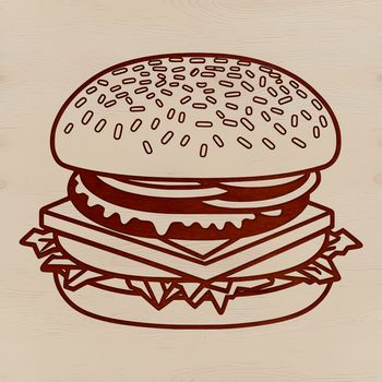 A flat, stylized illustration of a classic cheeseburger with lettuce and tomato on top.
