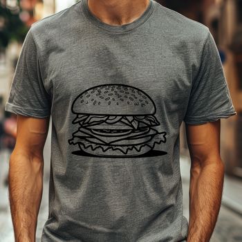 A simple line art illustration of a hamburger with lettuce, tomato, and cheese.
