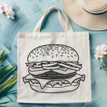 Illustrative representation of a classic cheeseburger with beef patty, lettuce, tomato, and cheese.