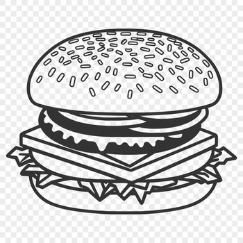 A simple illustration of a hamburger with lettuce, cheese, and tomato on a bun.