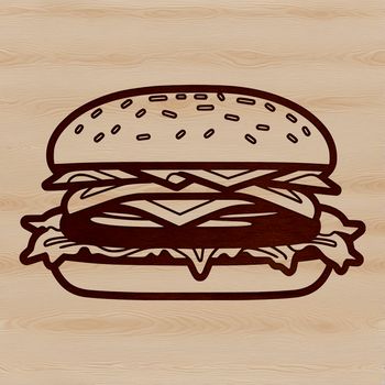 A simple illustration of a classic hamburger featuring a beef patty, lettuce, tomato, and cheese on a bun.