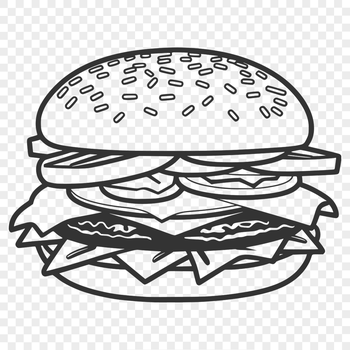 A digital illustration of a classic cheeseburger with a round bun and multiple layers.