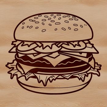 A simple vector illustration of a hamburger, featuring a patty, bun, lettuce, cheese, and tomato.