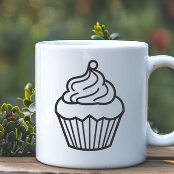 A simple line drawing of a cupcake with decorations.