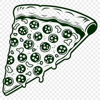 A digital illustration of a classic margherita-style pizza with melted cheese and fresh basil leaves on top.