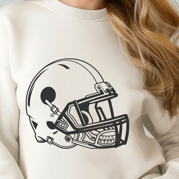 A stylized illustration of a football helmet and an American football.