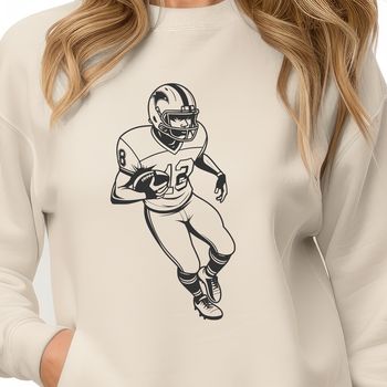 Illustrated image of a football player wearing a helmet and protective gear, representing the sport of American football.