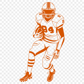 An illustration of a football player in action, wearing a protective helmet and holding the ball.