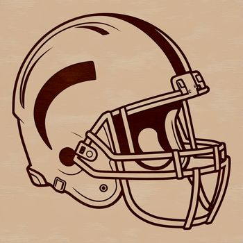 An illustration of a football helmet and the ball in motion, representing American football sport.