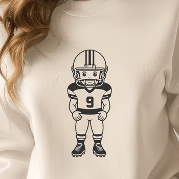 A detailed illustration of a football player in action, wearing a football helmet and protective gear.