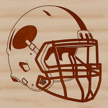 An illustration of a football helmet with the laces in the back and a football at the front.