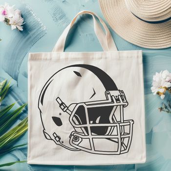 A graphic illustration of a standard football used in the sport, featuring a prominent football helmet.