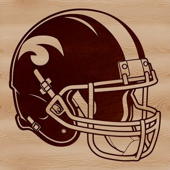 American football player in action, featuring a football helmet and gear.