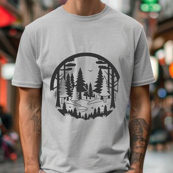 A digital illustration of a serene forest landscape with various trees and foliage.