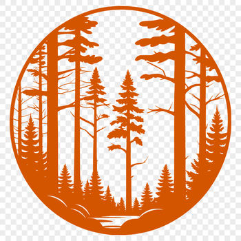 A detailed illustration of a forest landscape with multiple trees, foliage, and terrain.