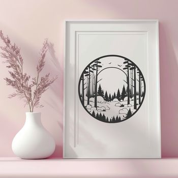 A vector graphic representation of a dense forest with multiple tree silhouettes against a natural background.