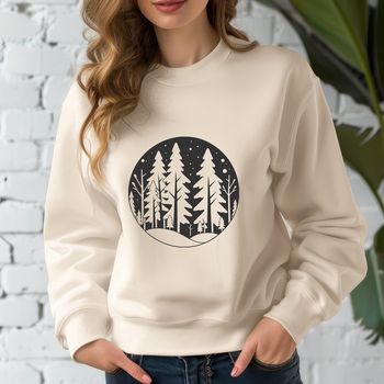 A detailed illustration of a forest with various trees in different stages of growth.