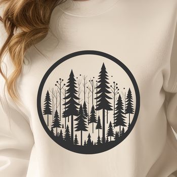 A graphic representation of a woodland scene featuring trees and vegetation in various sizes and shapes.