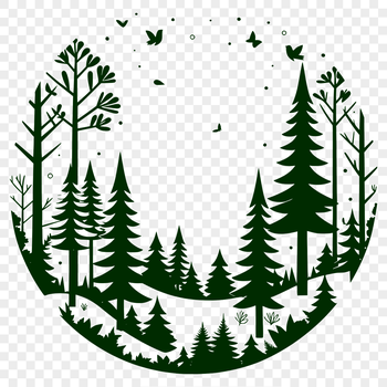 A colorful illustration of a dense forest with various trees and foliage.