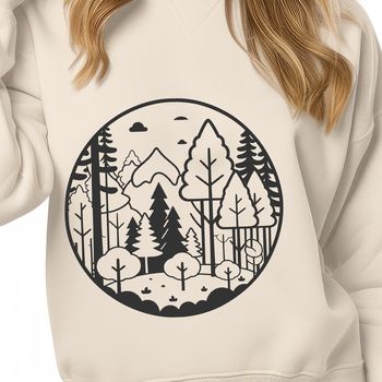 A vector graphic representation of a forest environment featuring multiple tree types and natural elements.