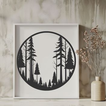 A detailed illustration of a forest landscape with multiple trees in various stages of growth.
