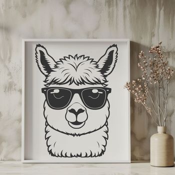 A digital illustration of a relaxed alpaca wearing sunglasses in a scenic environment.