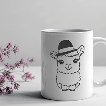 A single alpaca wearing a hat in a simple outline illustration.