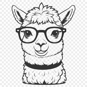 An adult alpaca with a pair of glasses perched on its head.