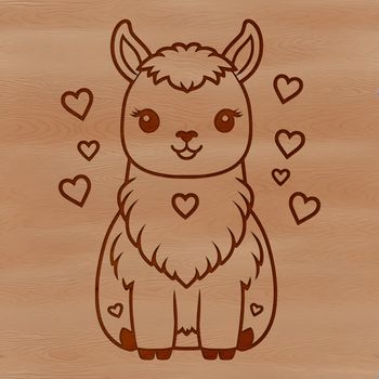 A vector graphic illustration of a happy alpaca with love hearts surrounding it.