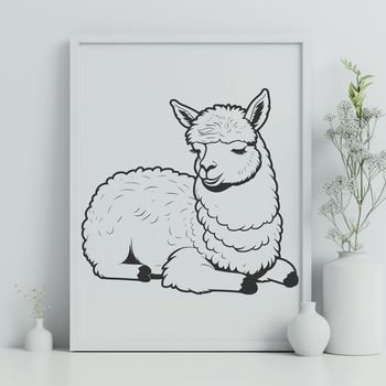 Illustrated alpaca figure in a resting position.