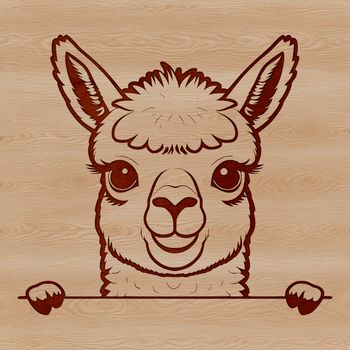 An illustration of a friendly alpaca peeking out from behind a tree, created in vector format.